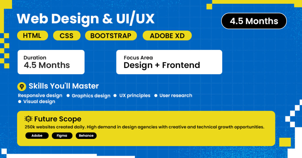 Web Design and UI/UX course advertisement in Kolkata featuring 4.5-month duration focused on design and frontend development. Covers HTML, CSS, Bootstrap, Adobe XD, responsive design, UX principles, user research, and visual design. Highlights career opportunities in design agencies with tools like Adobe, Figma, and Behance.