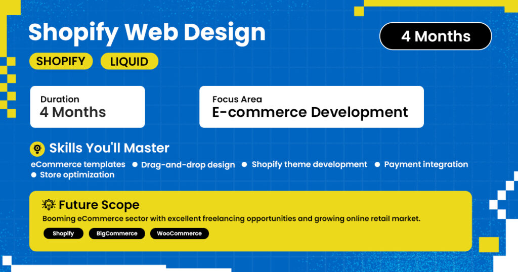 Shopify Web Design course advertisement in Kolkata with 4-month duration focused on e-commerce development. Covers skills like Shopify theme development, drag-and-drop design, payment integration, store optimization, and eCommerce templates. Highlights future scope in freelancing and online retail using Shopify, BigCommerce, and WooCommerce platforms.
