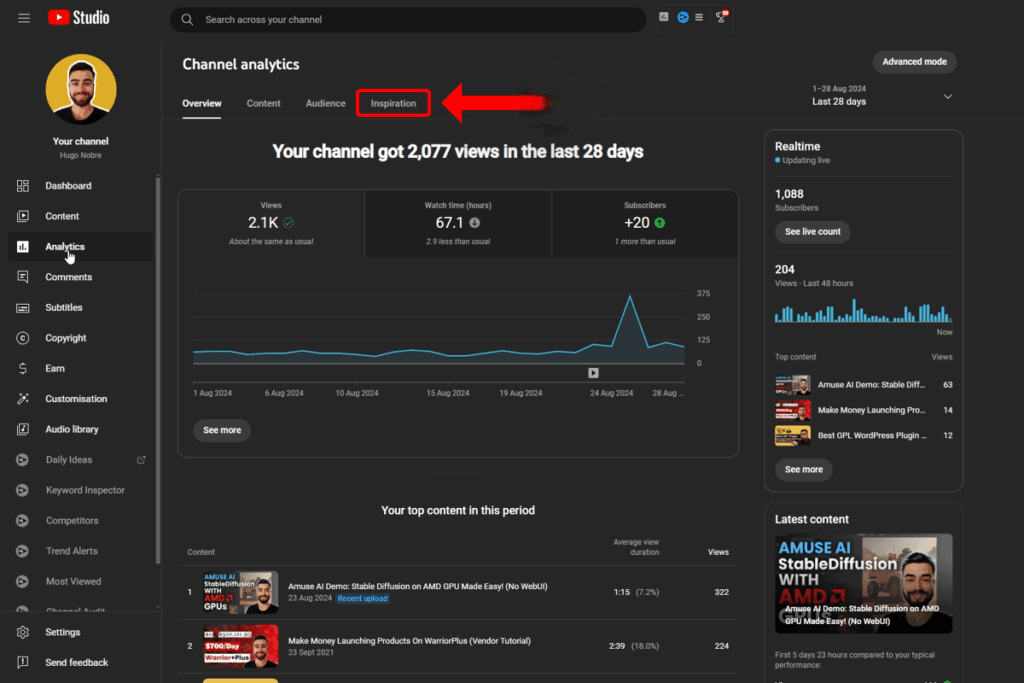 Inspiration Tab in YouTube Studio